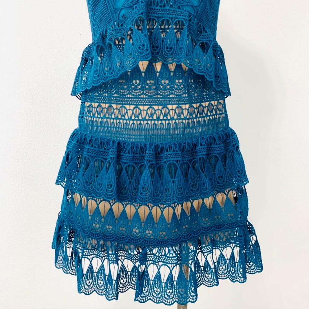 Self-Portrait Teardrop Guipure Tiered Lace Turquoise Teal BOHO Embroidery Dress - Picture 11 of 16